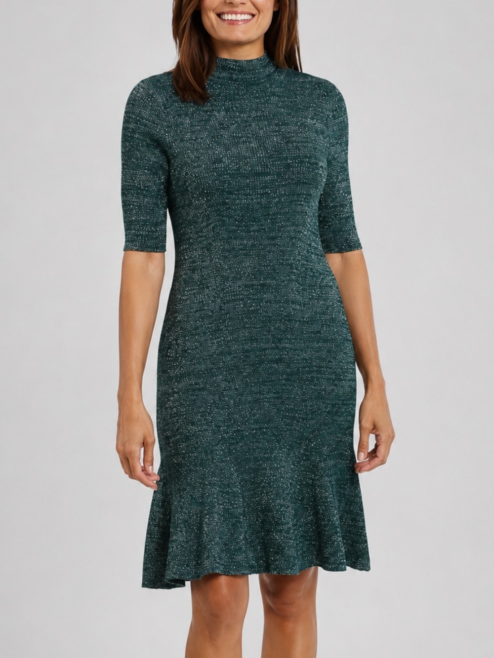 🆕🌿London Times Green Silver Metallic Knit Midi Sweater Dress S Stretch Party